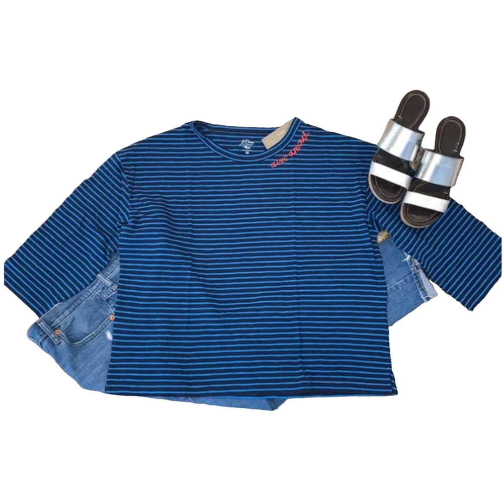 NWT J. Crew Blue Stripe W/ Embroidered "Avec Amour" T-shirt - SIZE S